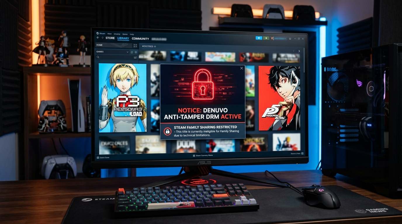Steam Library showing Persona with Denuvo Family Sharing Restriction